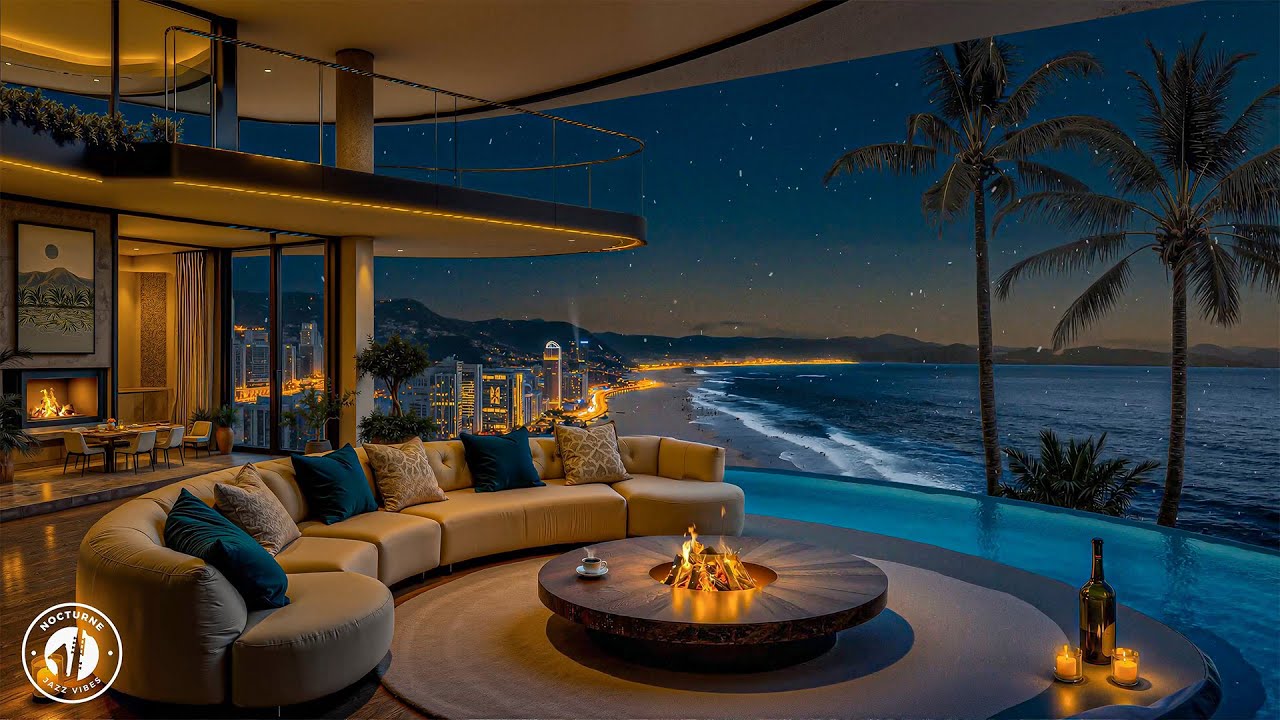 Smooth Jazz In The Warm Apartment With A Nighttime Coastline View - Gentle Jazz For A Pleasant Mood