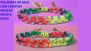 como hacer pulseras de nudos de hilo, una pulsera facil de dos filas de nudos con cuentas macrame