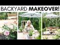 Backyard makeover on a budget  diy pea gravel patio  dream rose garden  patio decorating ideas