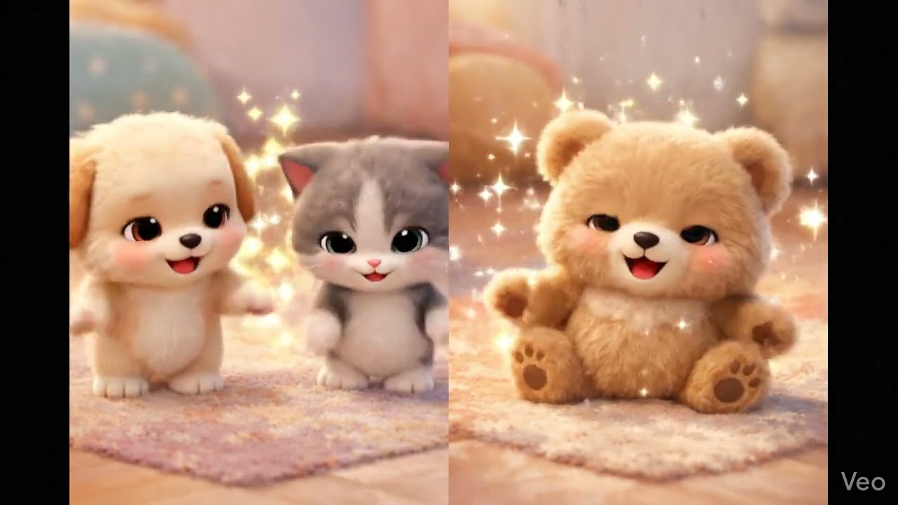 Lovely cats, dog and a bear dancing and playing on a rhyme 