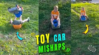 Toddler Flips Backwards after Riding Toy Car Down the Slope