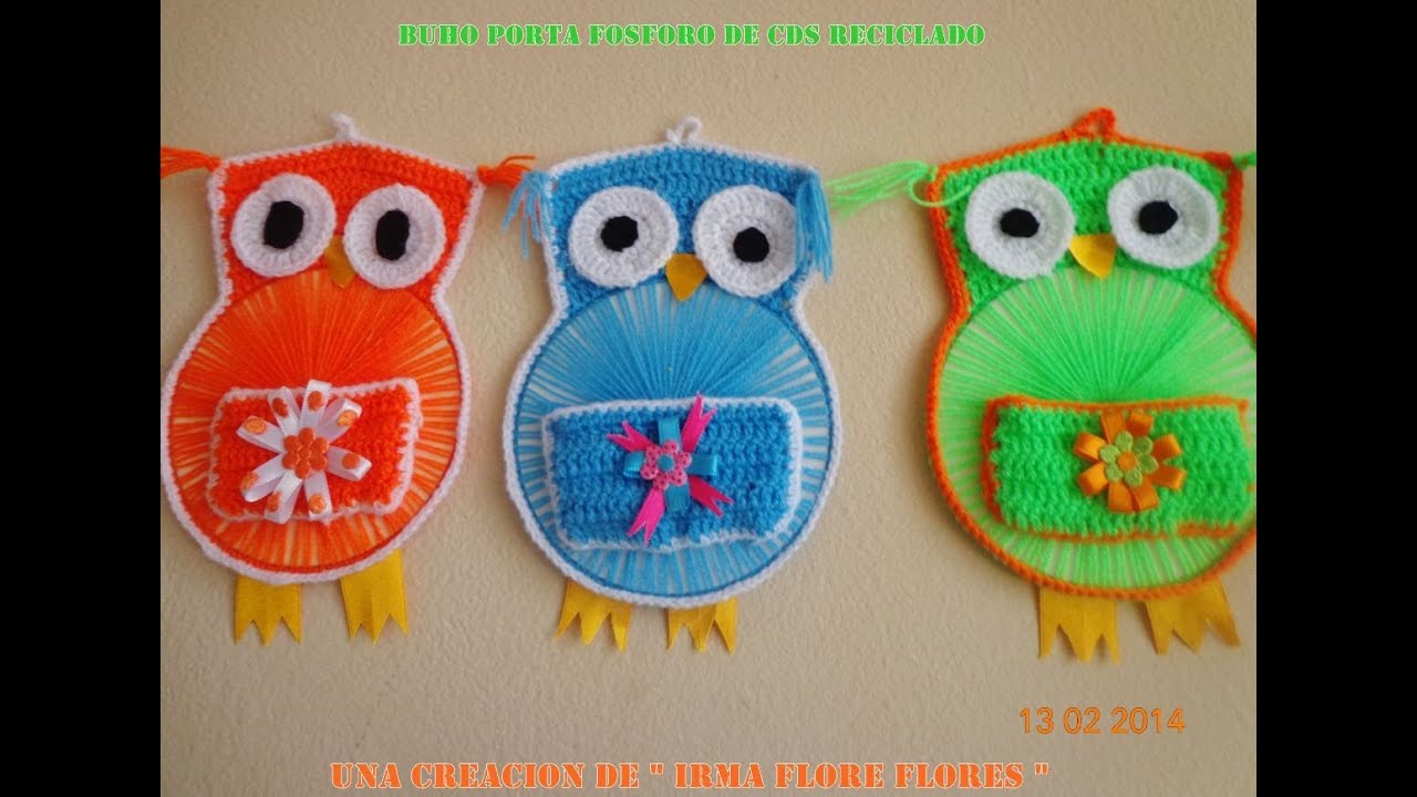 BUHO PORTA FOSFORO DE CDS RECICLADOS Y TEJIDO A CROCHET PASO APASO