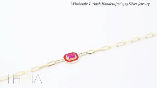 Rectangle Design Red Enamel Ruby Stone Charm Bracelet 925 Sterling Silver Jewelry