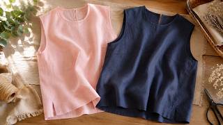DIY loose sleeveless linen top with side slits
