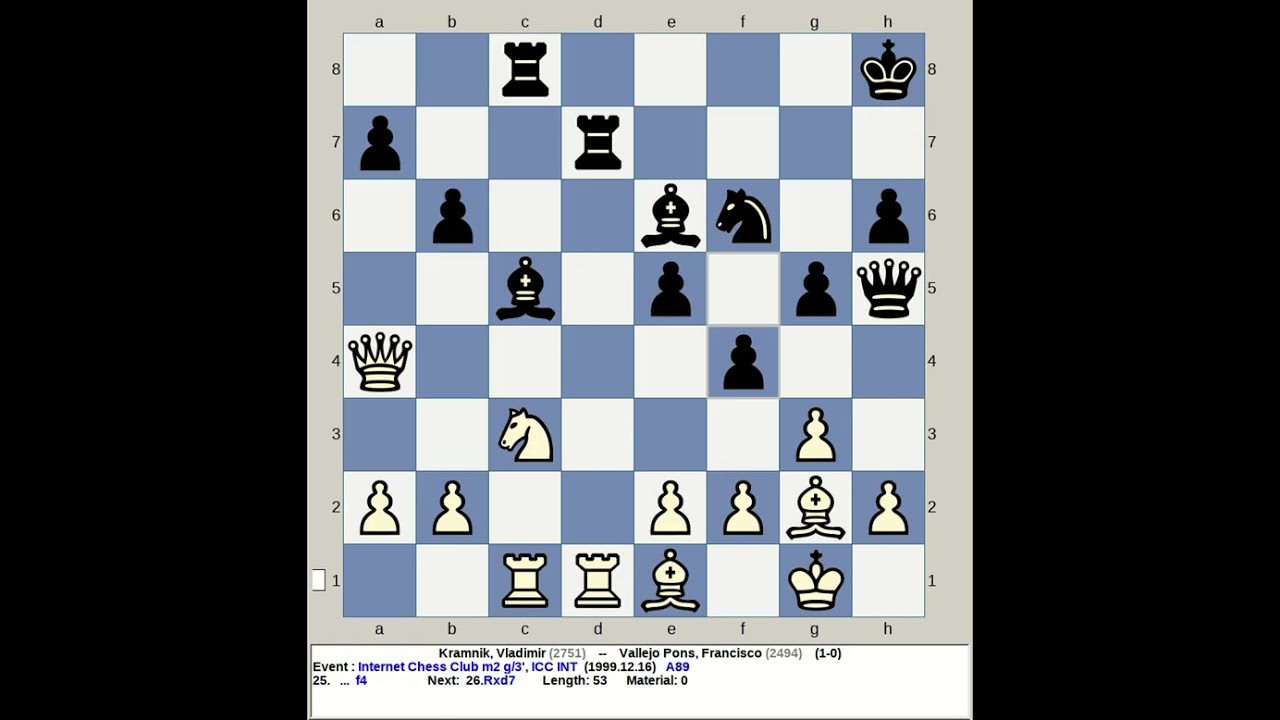 Kramnik, Vladimir vs Vallejo Pons, Francisco | Internet Chess Club Match g3' 1999, ICC INT A89