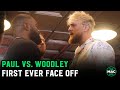 Jake Paul and Tyron Woodley spend 4 minutes talking s*** to each other's face during first face off