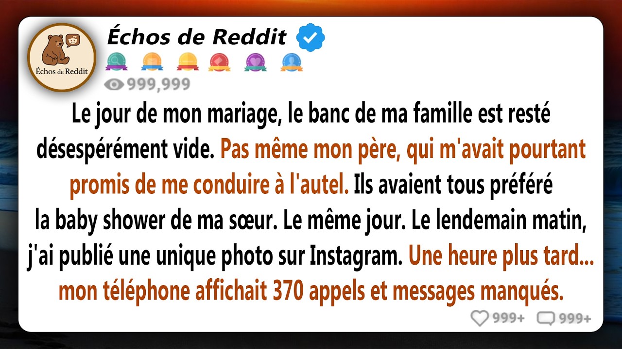 Le jour de mon mariage, je me tenais dans ma robe sur mesure face à une église vide. Aucun membre de ma famille n'était venu. Ni ma mère, ni ma sœur, et surtout pas mon père qui m'avait juré une...