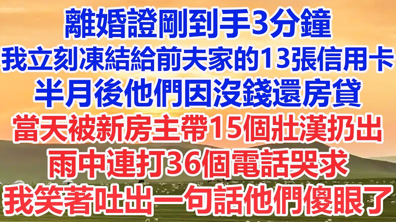 離婚證剛到手3分鐘，我立刻凍結給前夫家的13張信用卡。半月後他們因沒錢還房貸，當天被新房主帶15個壯漢扔出，雨中連打36個電話哭求，我笑著吐出一句話他們傻眼了。 