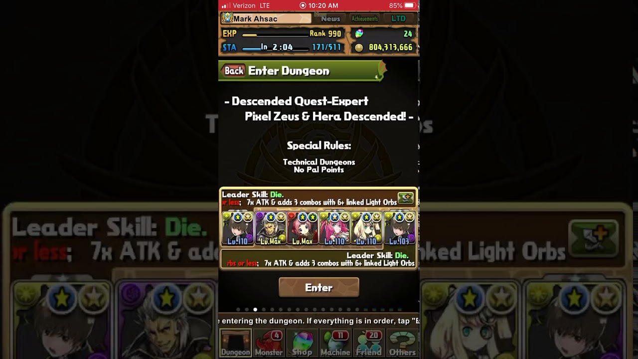 Puzzle and Dragons: Pixel Zeus and Hera Descended Annihilation Light Solo Swipe Farming