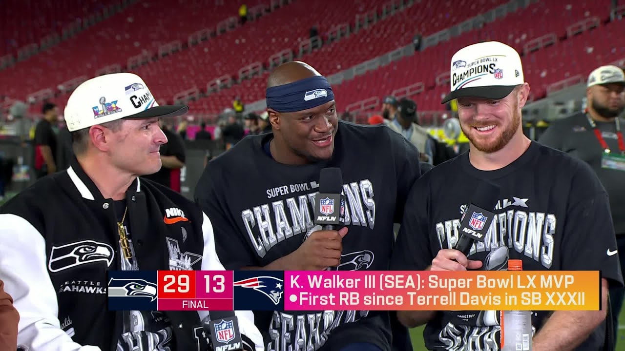 Sam Darnold, Kenneth Walker III and Mike MacDonald react to super bowl win