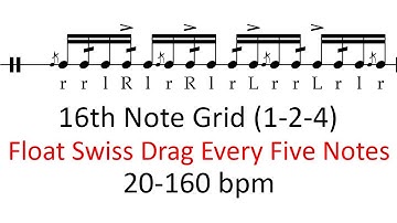 Float swiss drag every five notes (1-2-4 accents) | 20-160 bpm 16th note grid sheet music