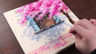 Cherry blossom house / Easy acrylic painting for beginners / PaintingTutorial / Painting ASMR