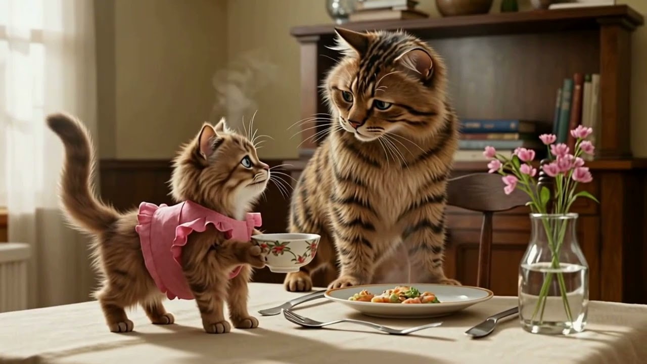 Kitty Helping Mom Serve Dinner