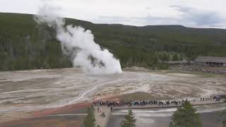 Steamy Sunday Eruption in Yellowstone. Old Faithful Geyser Erupts to a Packed Crowd of Tourists