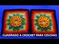 Cuadrado o muestra a crochet con flor de 12 pétalos y hojas paso a paso para colchas