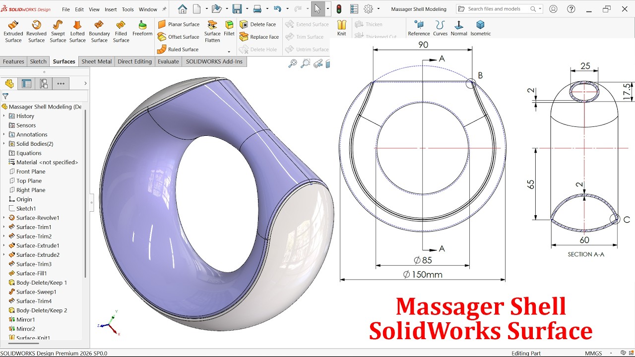 SolidWorks Surface Exercise-Massager Shell Modeling (Filled Surface ...