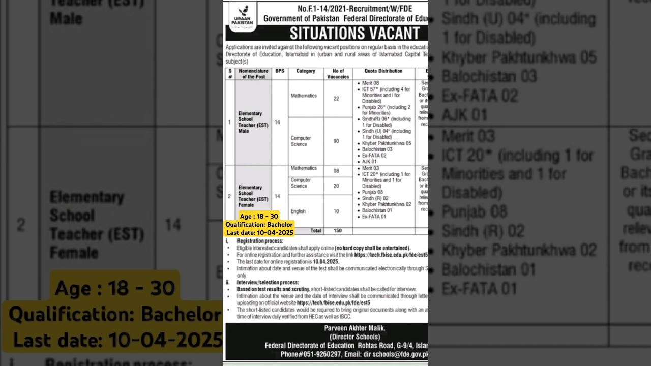 EST Jobs 2025 Federal Directorate Authority | Elementary school Teacher FDE  