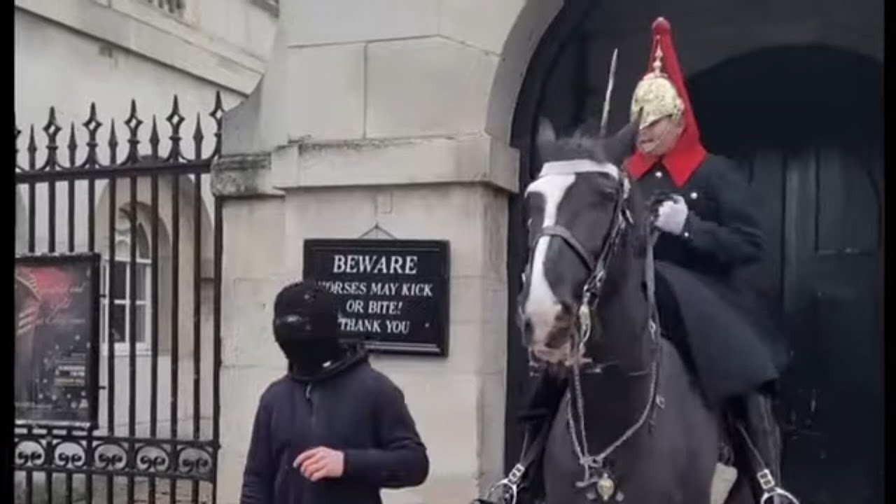 Balaclava man gets shouted at. too close. confused. eyebrows 
