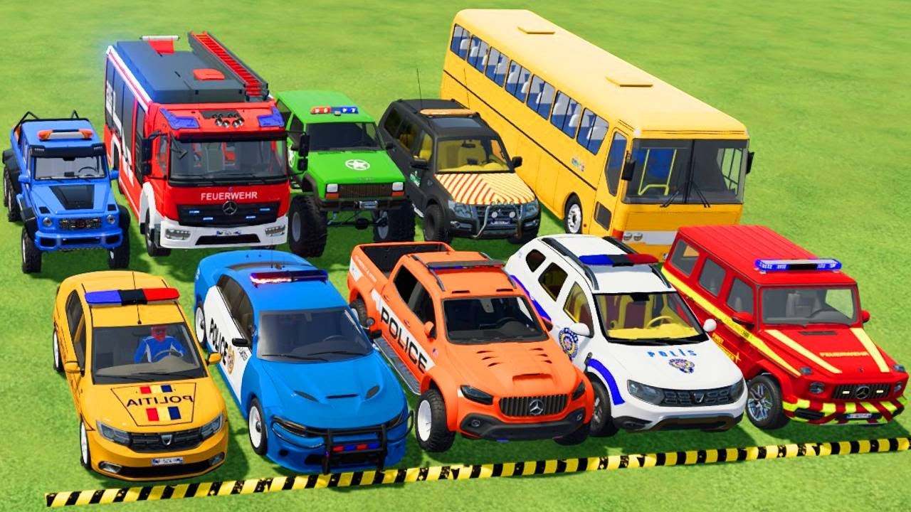 TRANSPORTING POLICE CARS, AMBULANCE, FIRE TRUCK, COLORFUL CARS WITH TRAIN -FARMING SIMULATOR 22!