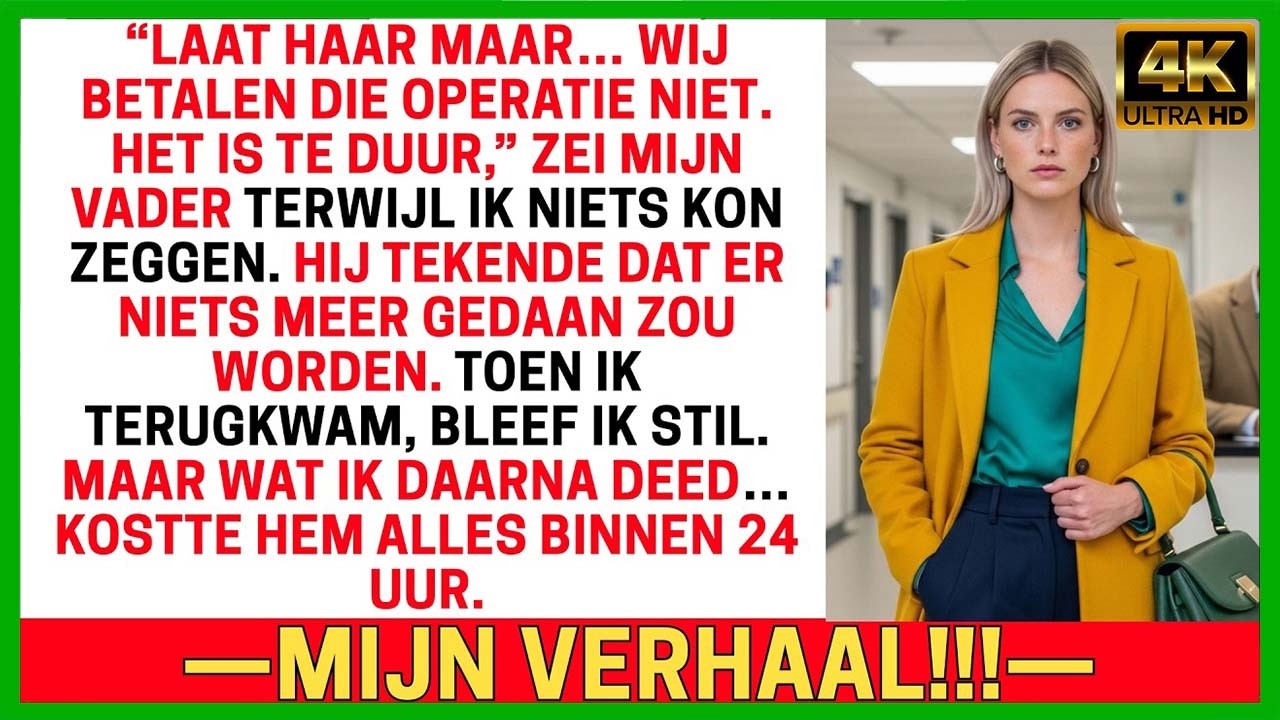 De regendruppels tikten tegen de ramen van de ziekenhuiswachtkamer toen de dokter zei dat ik mijn stem zou verliezen zonder een operatie van vijftigduizend euro. Mijn vader zat naast me, maar zei...