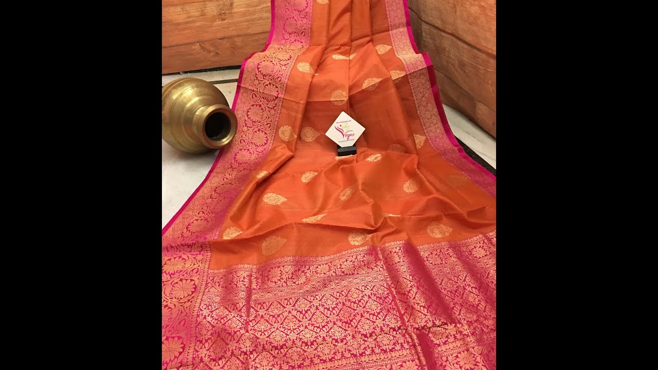 Deep Orange and Magenta Color Pure Tussar Banarasi Saree