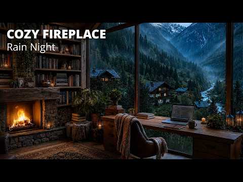 Cozy Mountain Rain Ambience 🌧️ Fireplace & Study Room