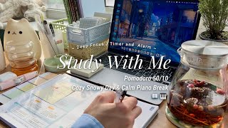 3-HR STUDY WITH ME 📖 [Pomodoro 50/10] cozy snowy day 🎹 with calm piano break