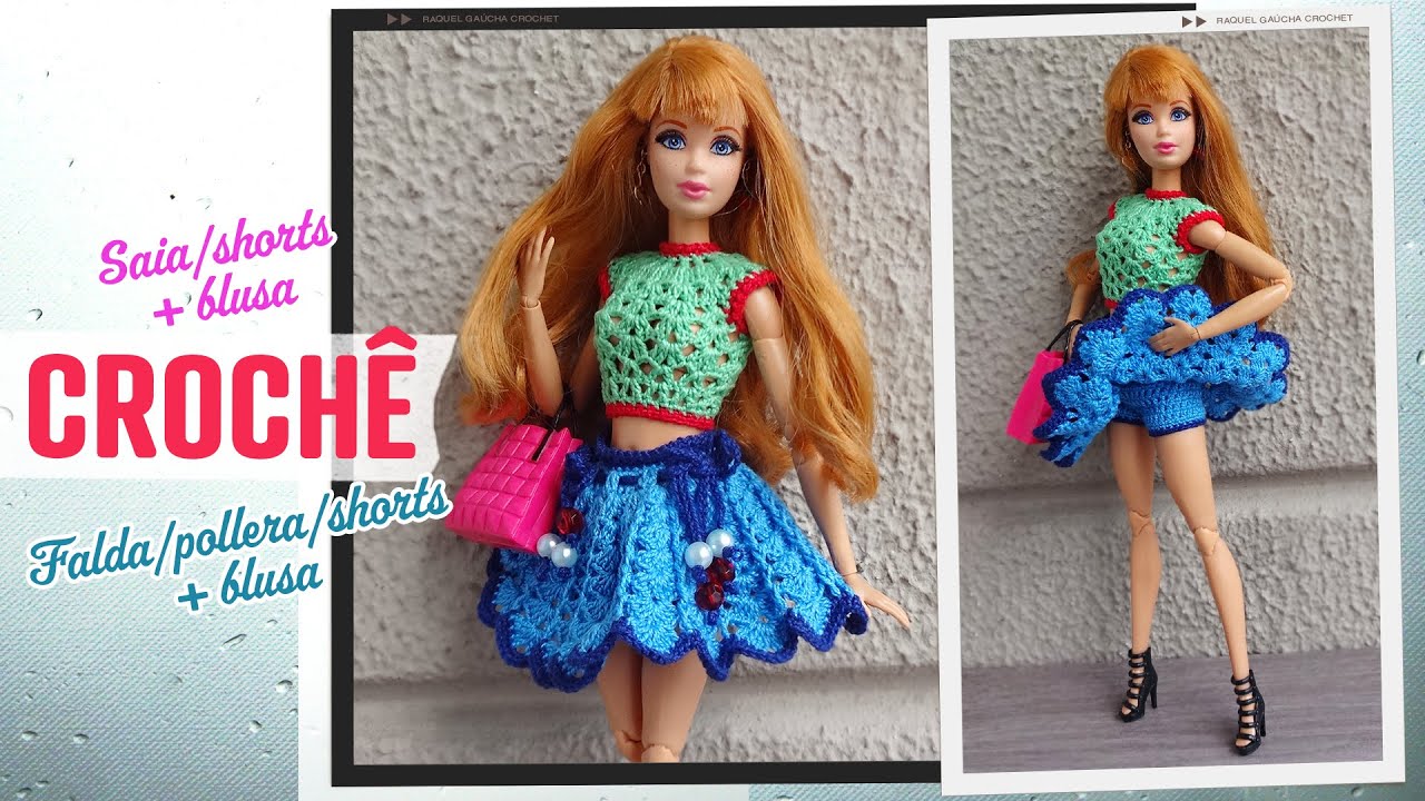 Roupa em crochê para boneca Barbie - short e blusa.