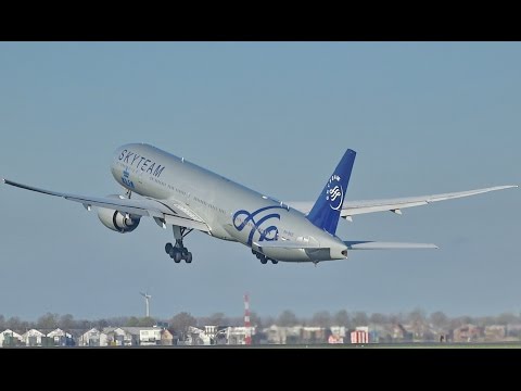 Shining repainted KLM Skyteam Livery B777 Takeoff from Schiphol.Int