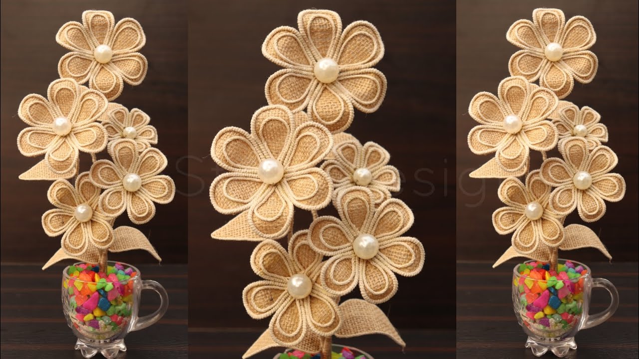 Jute flower and flower vase making ideas handmade home decoration with jute flower pot YouTube