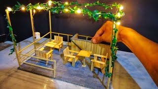 DIY how to make a miniature Cafe Outdoor from used ice cream sticks and cardboard
