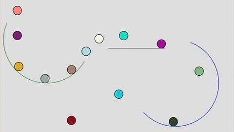 #p5js と #p5play を組み合わせた物理演算エンジンを使った描画で円弧状の床などを転がるボールのアニメーション（画面をクリックするとボールの出現間隔が変わる）