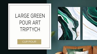 Large Green Acrylic Pour Art Triptych Big Canvas Gemstone Inspired Fluid Art
