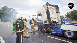 Berging van uitgebrande truck afrit A28 Wezep