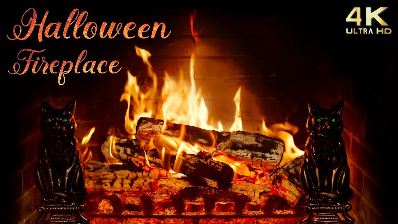 Crackling Fireplace w/ Halloween Cat Andirons - 4K Autumn Cozy Background - No Music