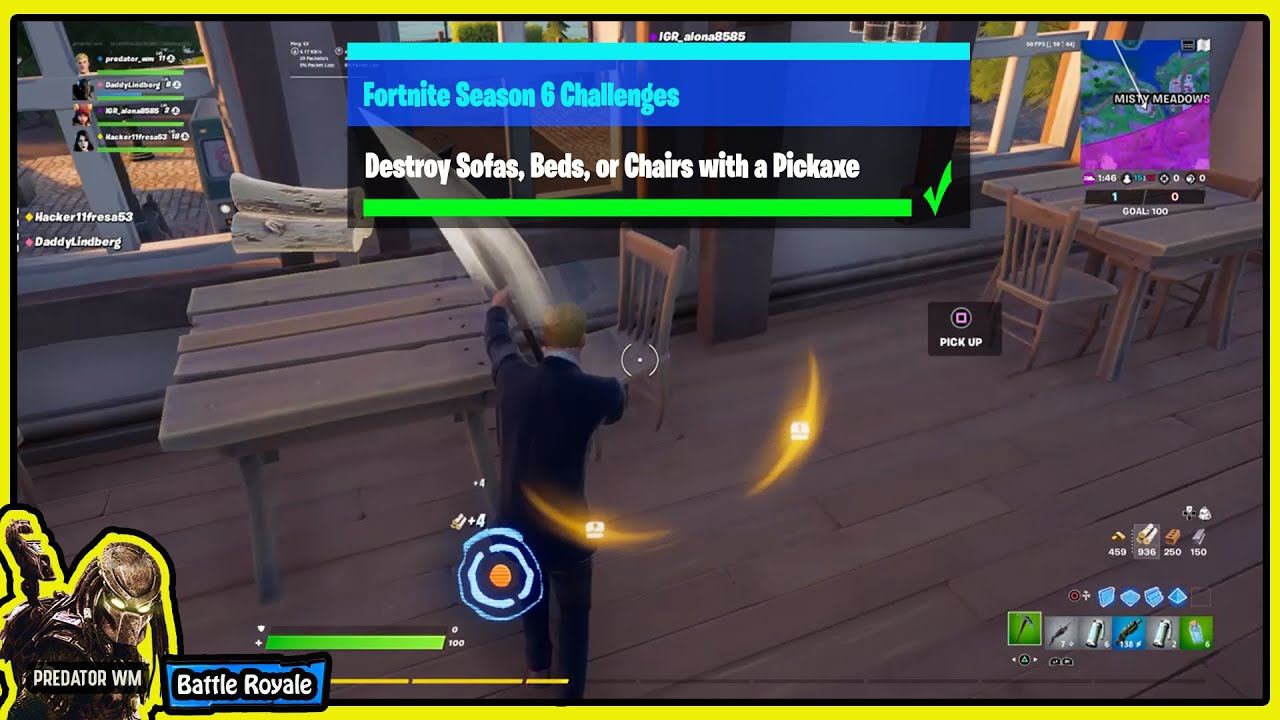 Destroy Sofas, Beds, or Chairs with a Pickaxe / Fortnite Challenges