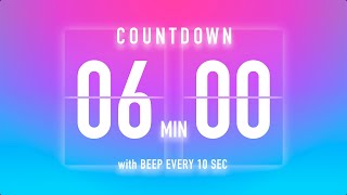 6 Minute Countdown Timer 🦩 Flip Clock with Beep Every 10 Seconds 🩷💙
