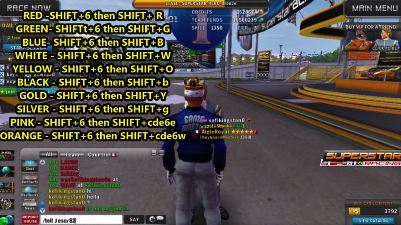 Superstar Racing - The 12 useful commands