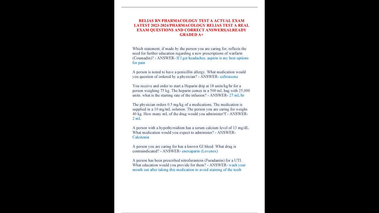 RELIAS RN PHARMACOLOGY TEST A ACTUAL EXAM LATEST 2023/2024 PHARMACOLOGY RELIAS TEST A REAL EXAM
