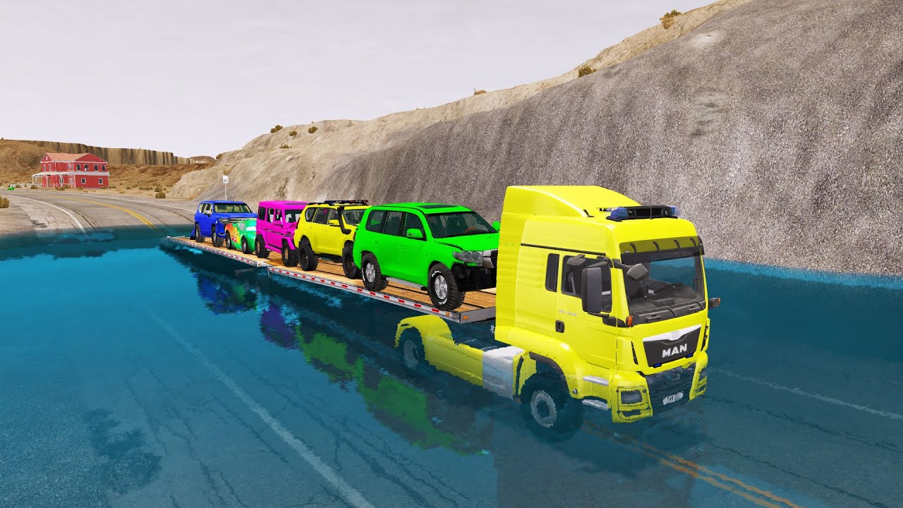 Flatbed Truck Mcqueen | Transportation with Truck - Pothole vs Car #002  - BeamNG.Drive