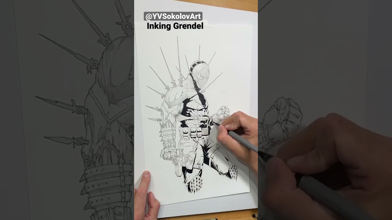 Inking a sketch of Grendel a while back in 2022. Drawing SOLD. 