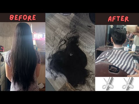 two sisters long hair cut short in male barbershop part 1 #haircut #ladieshaircut #pixiecut
