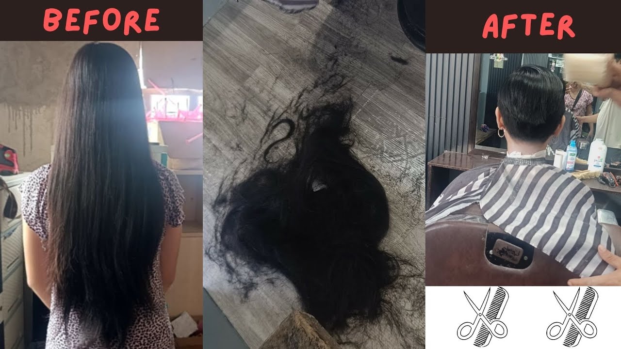 two sisters long hair cut short in male barbershop part 1 #haircut #ladieshaircut #pixiecut