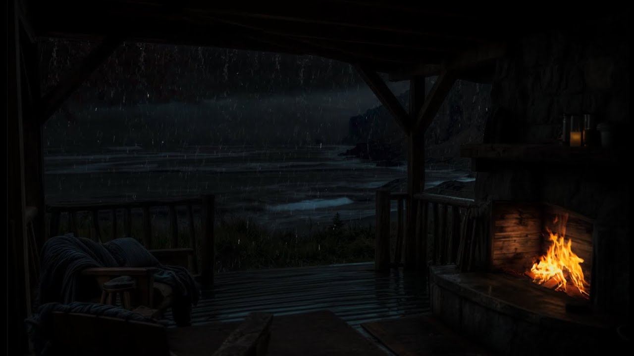 Soft Rainfall by the Sea 🌧️🔥Cozy Coastal Cabin With Ocean Waves & Fireplace Sounds for Deep Rest