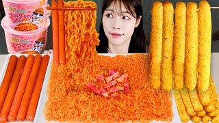 ASMR MUKBANG| ROSE Fire spicy noodles, Long cheese stick, Bacon, Rice ball, Sausage, Pickled radish
