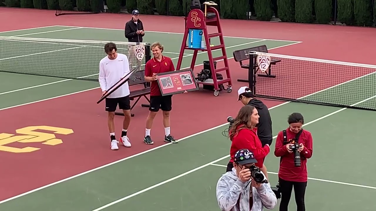 See the video about the 2023--2024 USC Men's Tennis Team on the Marks Stadium Big Screen.