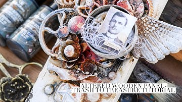 Trash to Treasure altered wooden panel - video tutorial by Finnabair