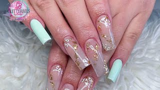 Long square spring acrylic nails using glitterbels products. screenshot 3