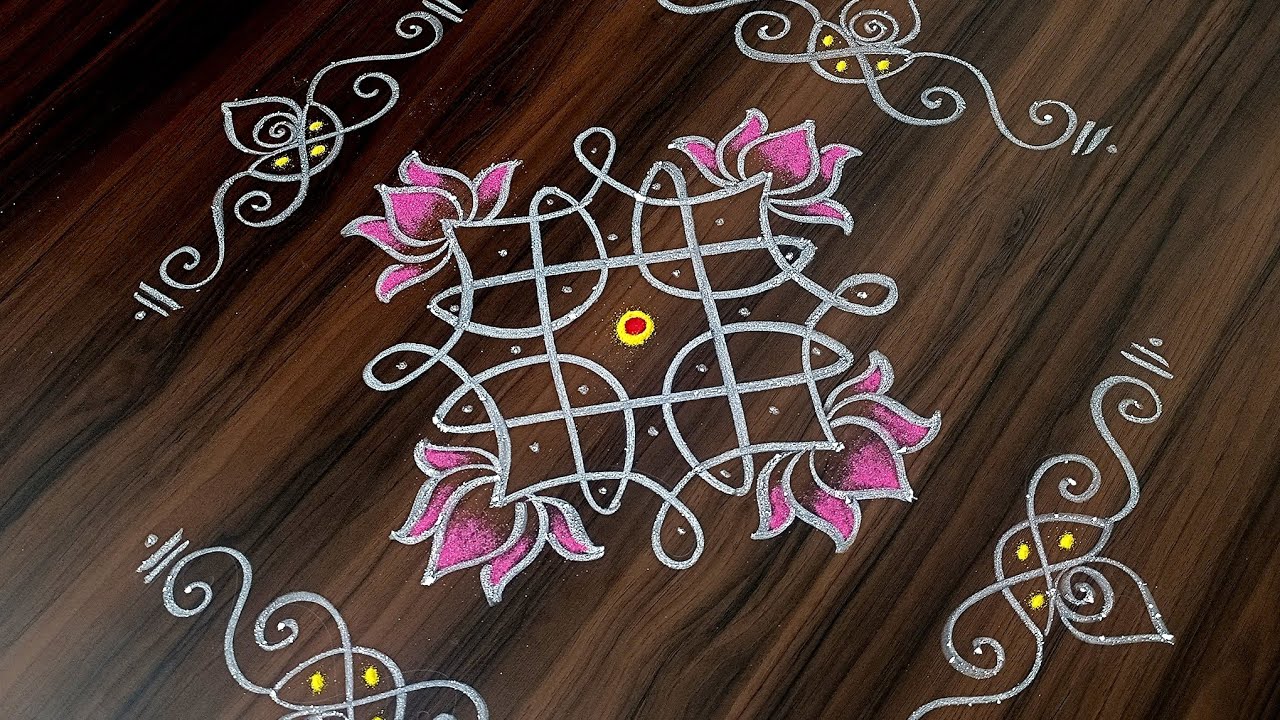 Easy rangoli with side border designs | Border muggulu | Friday rangoli 5*5 dots | Lotus rangoli