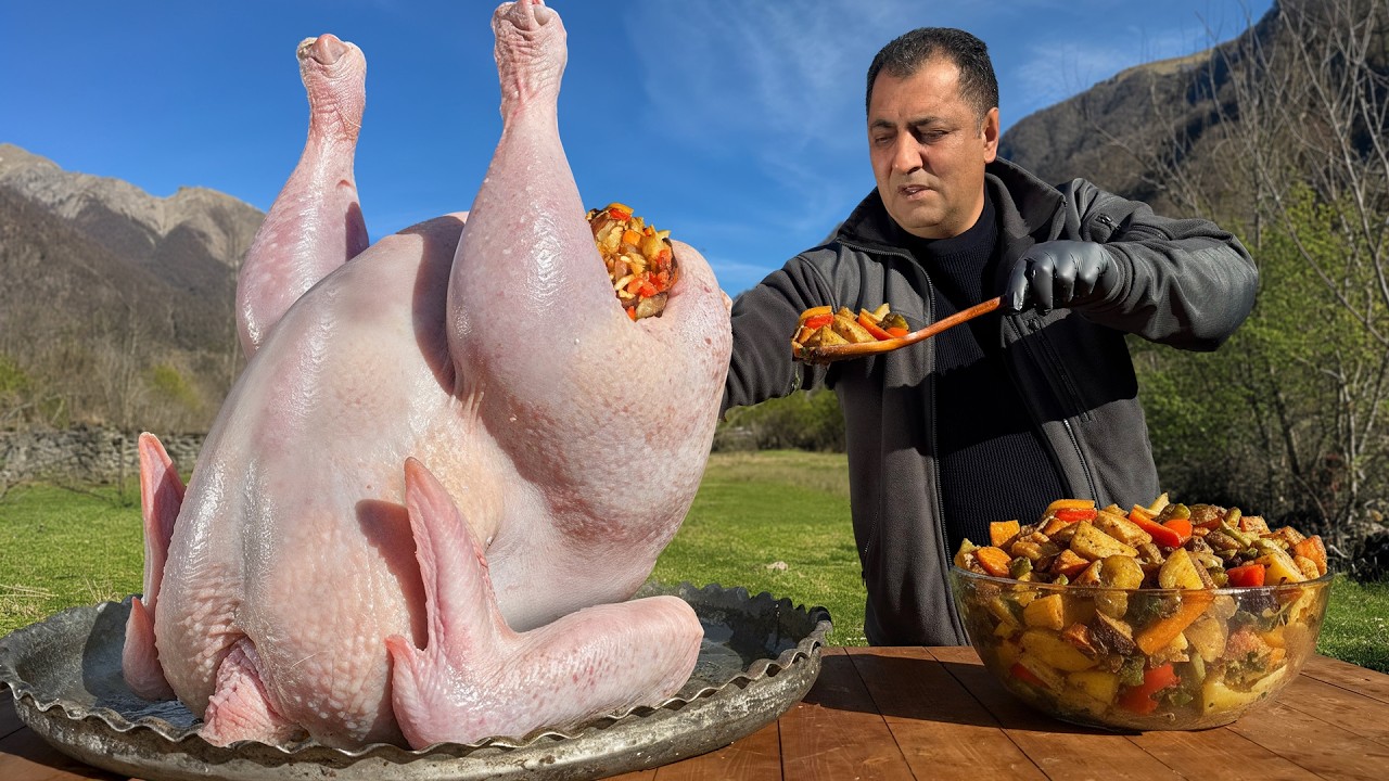 Giant Stuffed Thanksgiving Turkey Roasted in the Mountains